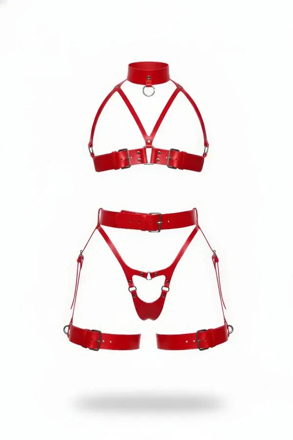 kırmızı faux leather full body harness takım yüksek yaka gerdanlık O-halka ve bacak tasmaları ile