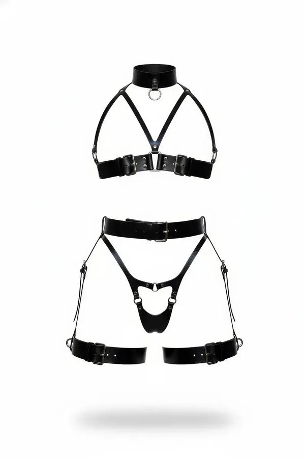 Siyah faux leather full body harness takımı 2 parça, gümüş metal tokalar ve O-halkalar, yaka bandı ve jartiyer bantlı alt par
