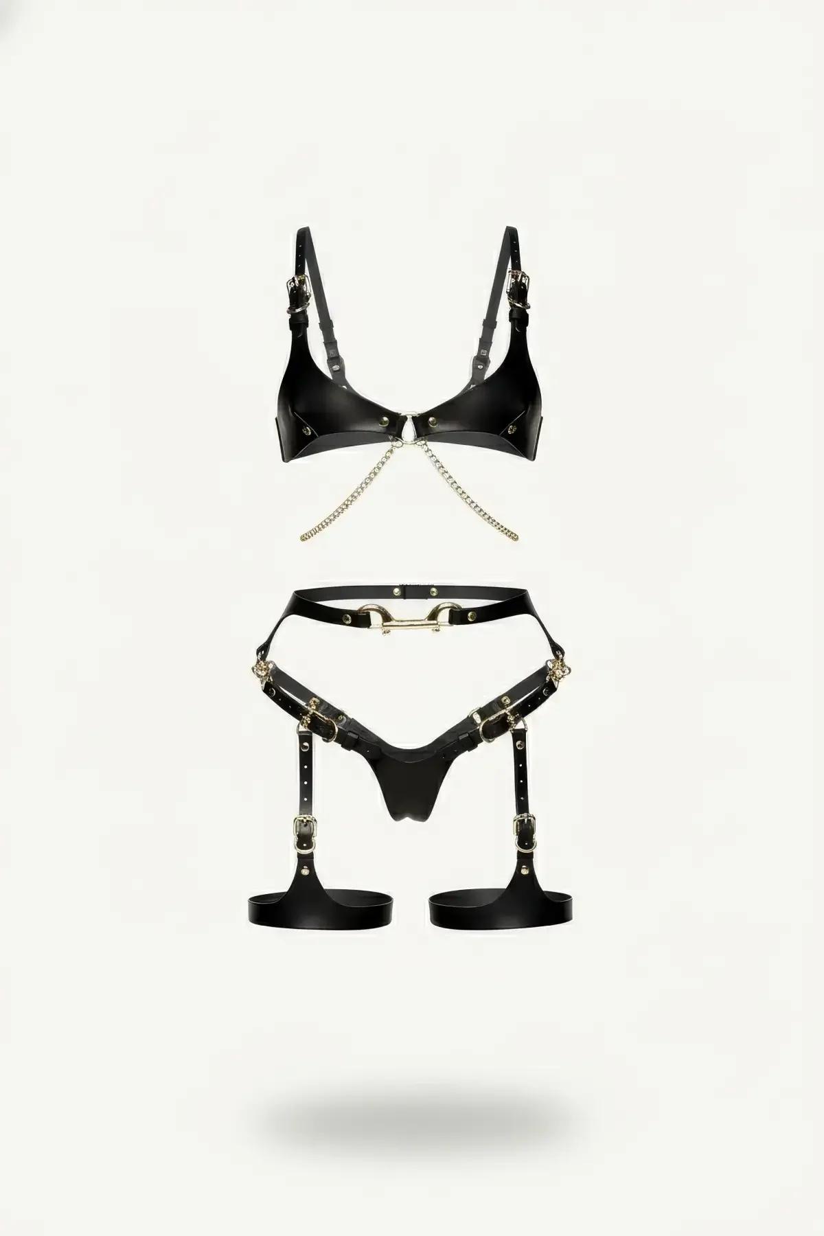 siyah vegan deri harness takım altın zincir bralette bel bacak halkası tokalı set