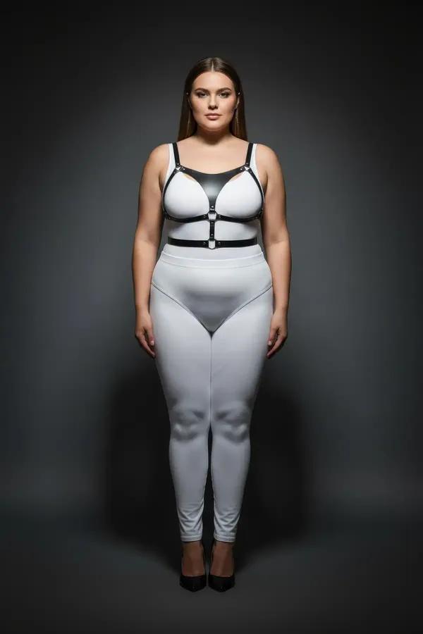 büyük beden siyah vegan deri harness takım gümüş O-ringli göğüs bandı ve bel askısı plus size model üzerinde
