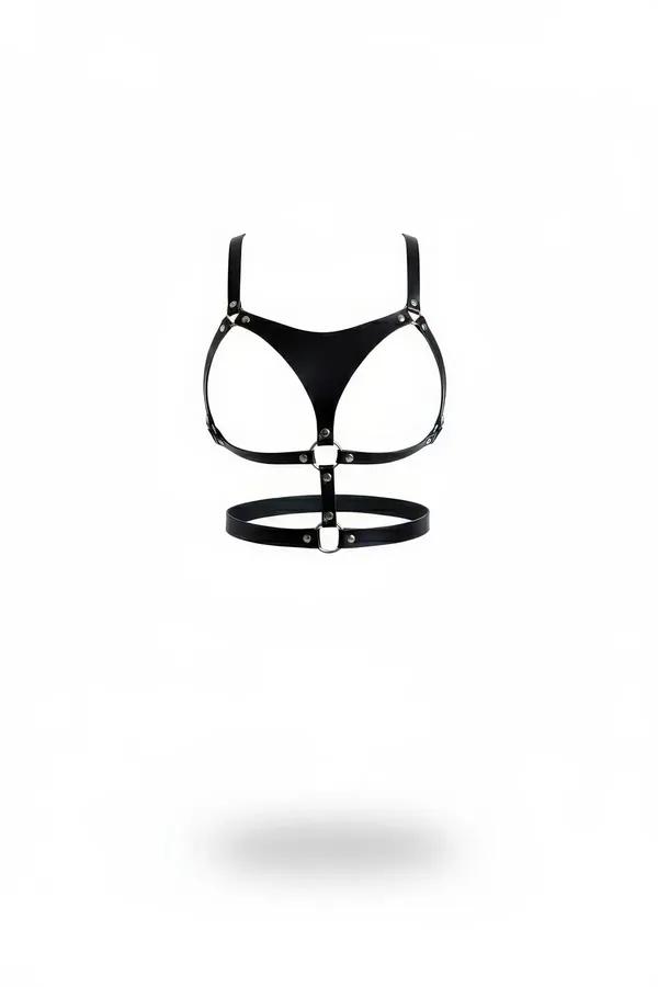Siyah mikrofiber sütyen harness O-ring gümüş perçinli bel şeritli göğüs harness önden görünüm
