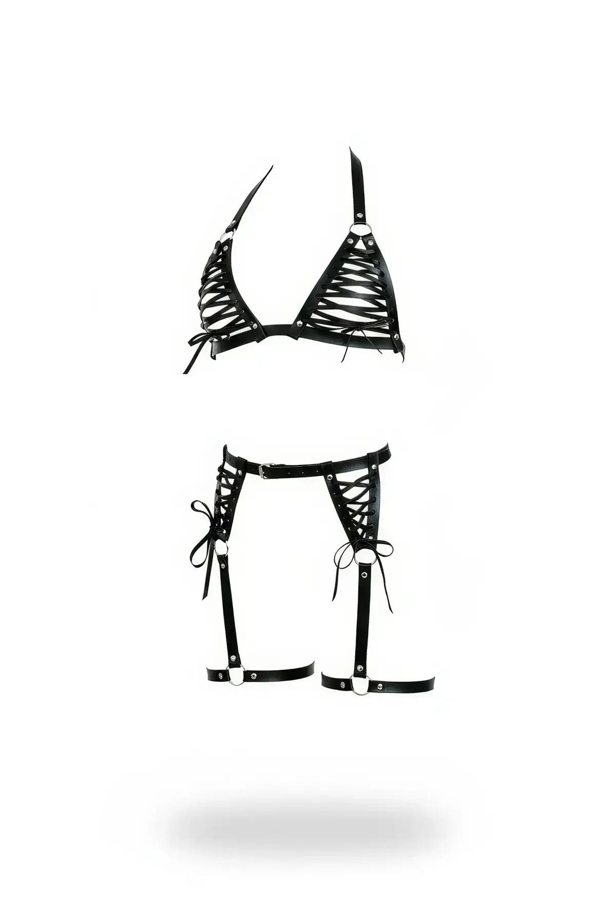 siyah suni deri harness takım çapraz bağlamalı üçgen bralet ve bel-uyluk harness gümüş O-halka toka