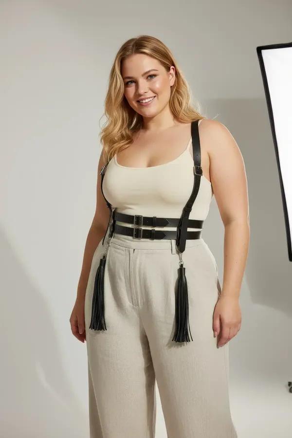 Black faux leather body harness with double silver buckle waist band and four tassels worn over white tank top