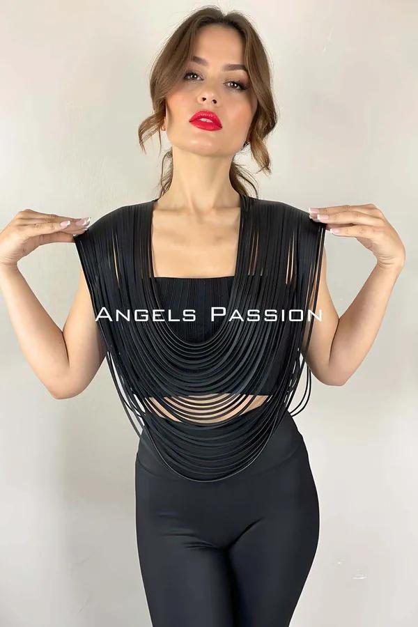 Black faux leather layered fringe shoulder harness with cascading matte strands worn over bodysuit, front view
