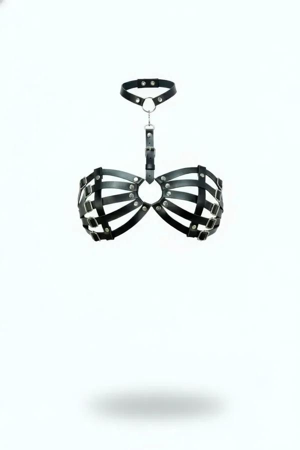 siyah vegan deri kafes göğüs harness yaka bandı gümüş O-ring metal toka detaylı