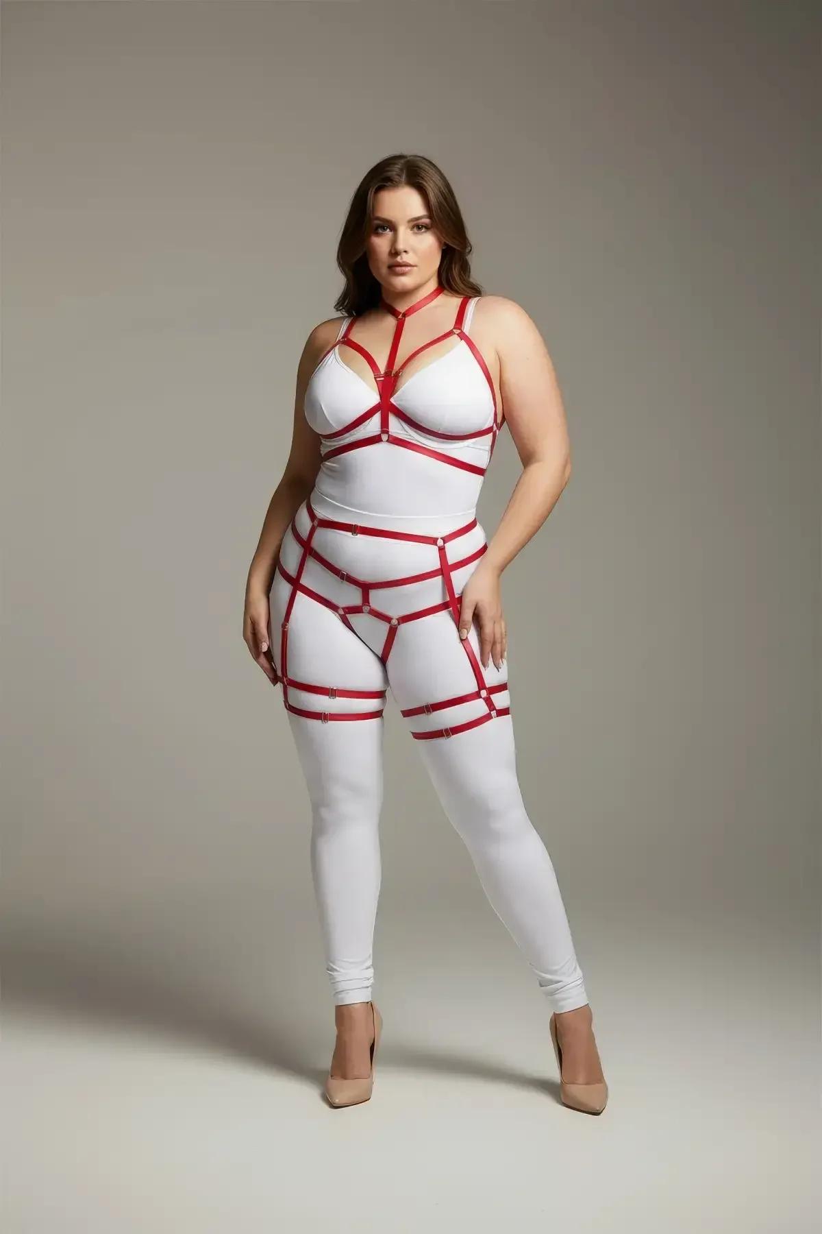 Red faux leather strappy full body harness with silver buckles, chest cage, and adjustable double-band leg garters