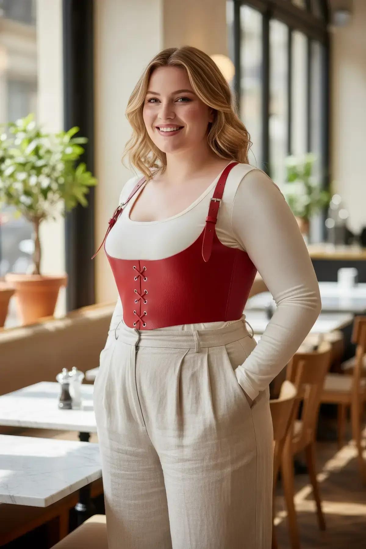 red faux leather underbust corset harness with front eyelet lacing and silver buckle shoulder straps worn over cream top
