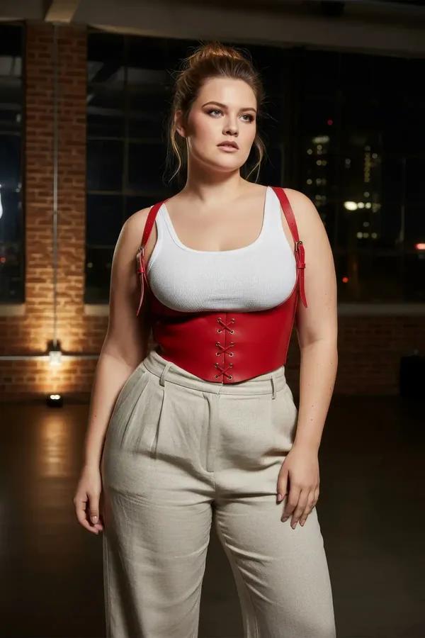 red faux leather underbust corset harness with front eyelet lacing and silver buckle shoulder straps worn over cream top
