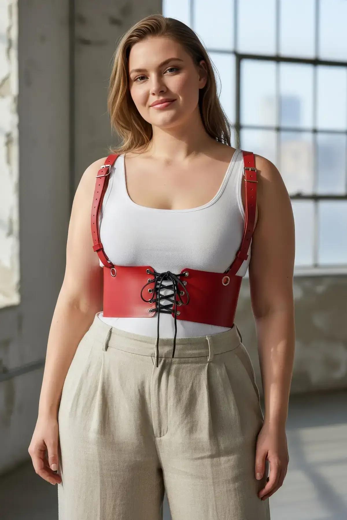 Red faux leather underbust harness with black lace-up front, gold-tone buckle shoulder straps, worn over white tank