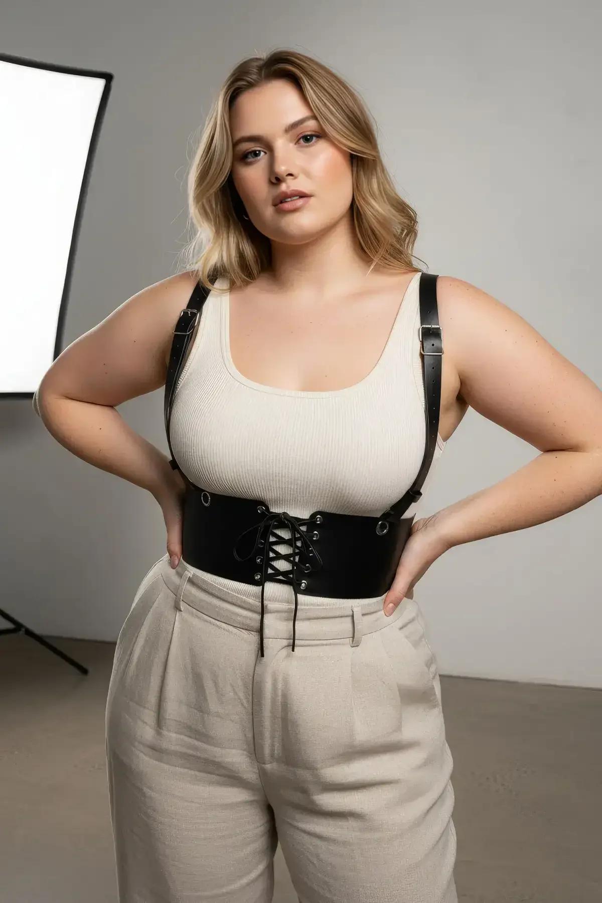 black faux leather underbust corset harness with lace-up front and silver buckle shoulder straps worn over cream tank top