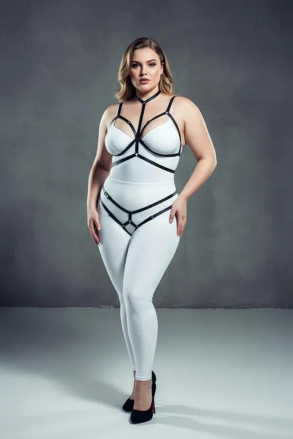 büyük beden siyah lastikli full body harness takım, geometrik cage bralette ve bel-kalça bandı seti