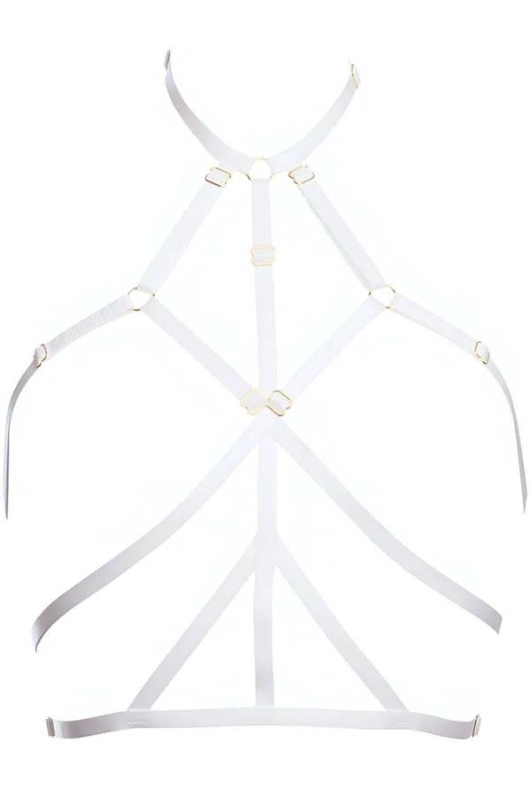 beyaz elastik ince bantlı geometrik kafes harness bralet altın toka halter yaka lingerie