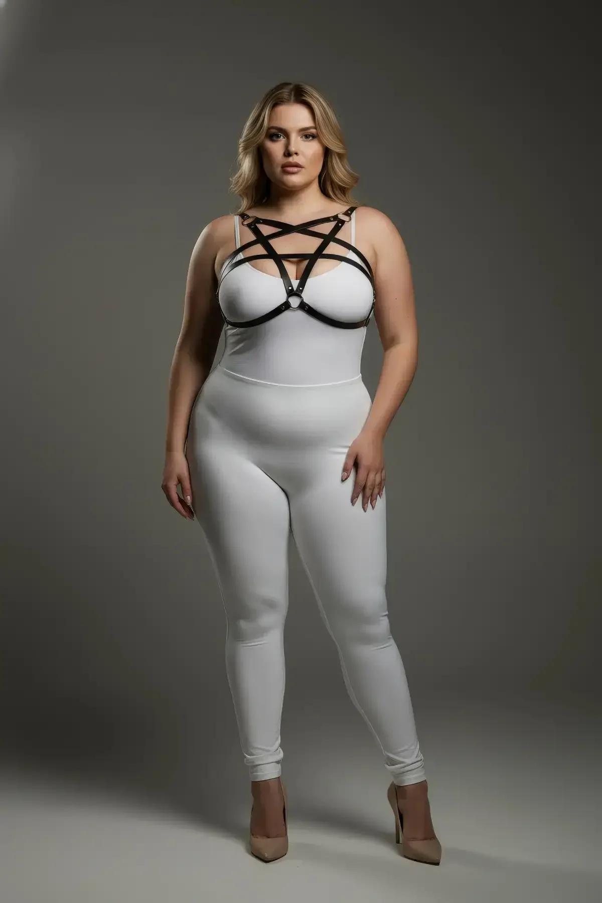 black faux leather strappy star chest harness with silver O-ring worn over white bodysuit plus size model