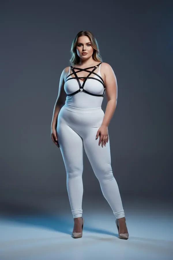 black faux leather strappy star chest harness with silver O-ring worn over white bodysuit plus size model