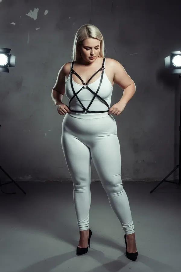 black faux leather cage bra harness with crossed chest straps and two silver O-rings on plus-size model