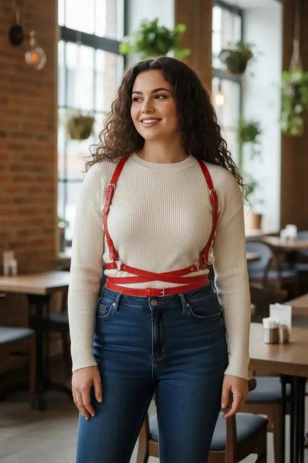Büyük beden kırmızı vegan deri harness gümüş toka çapraz göğüs kayışı bel aksesuar
