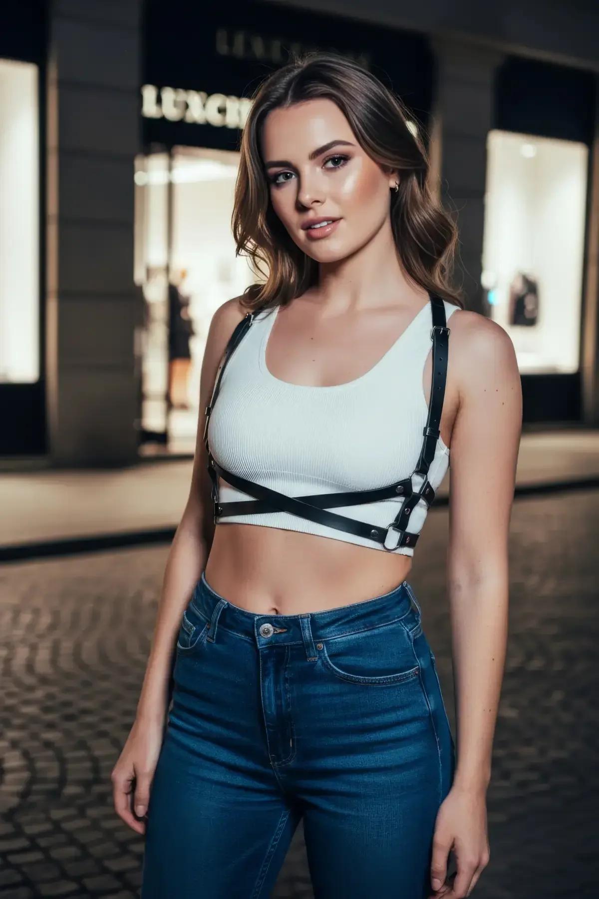 siyah suni deri çapraz vücut aksesuarı gümüş tokalı ince bant X tasarımı beyaz crop top üzerinde