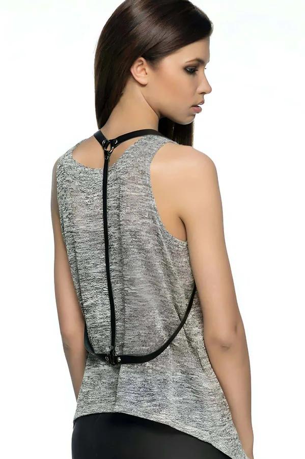 siyah suni deri sırt harness choker boyun bandı gümüş O-halka gömlek üzeri giyim