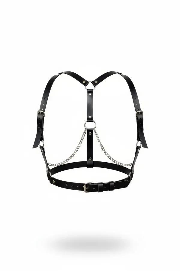 Siyah vegan deri vücut harness gümüş zincir çift O-ring ve dikdörtgen toka detaylı ön görünüm