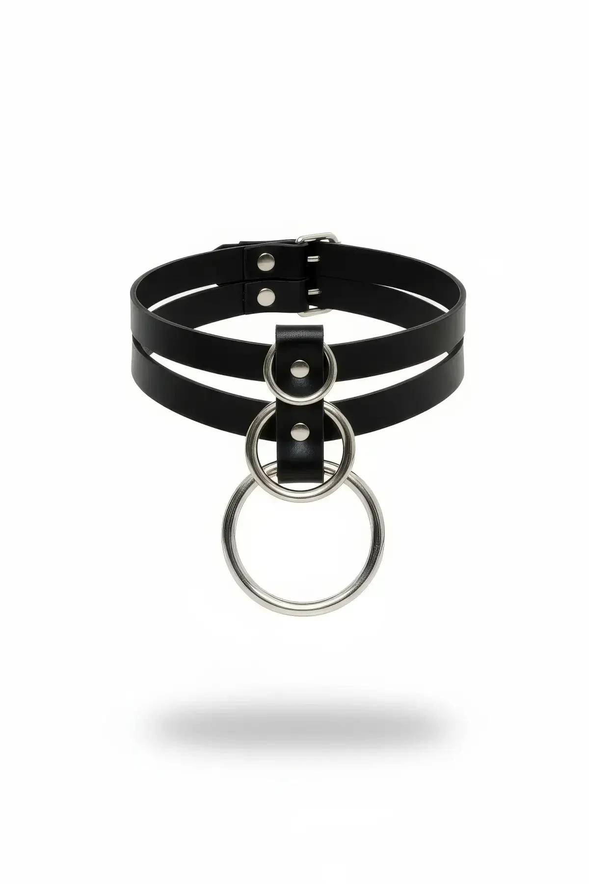 siyah suni deri çift bantlı choker gümüş iç içe O-halka detayı beyaz fon