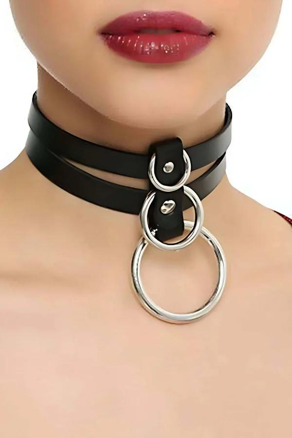 siyah suni deri çift bantlı choker kolye üç kademeli gümüş halka detaylı boyun aksesuarı