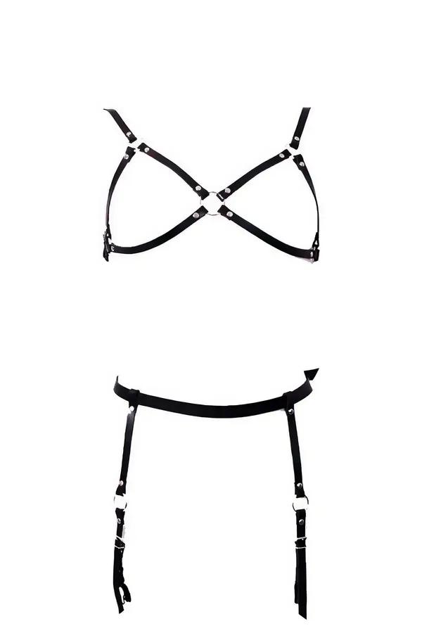 Siyah suni deri harness takım X-çapraz bralette ve jartiyer kemerli iki parçalı set gümüş O-ring
