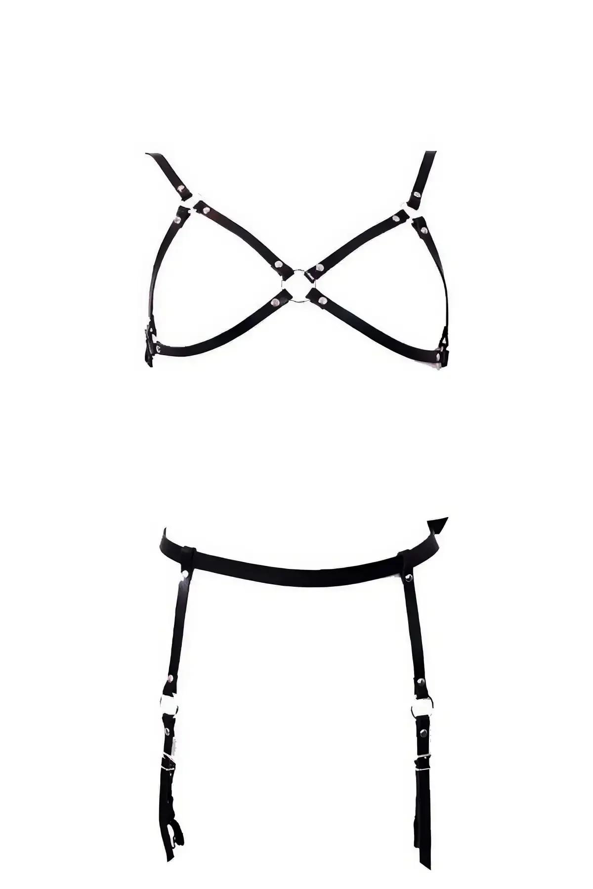 Siyah suni deri harness takım X-çapraz bralette ve jartiyer kemerli iki parçalı set gümüş O-ring