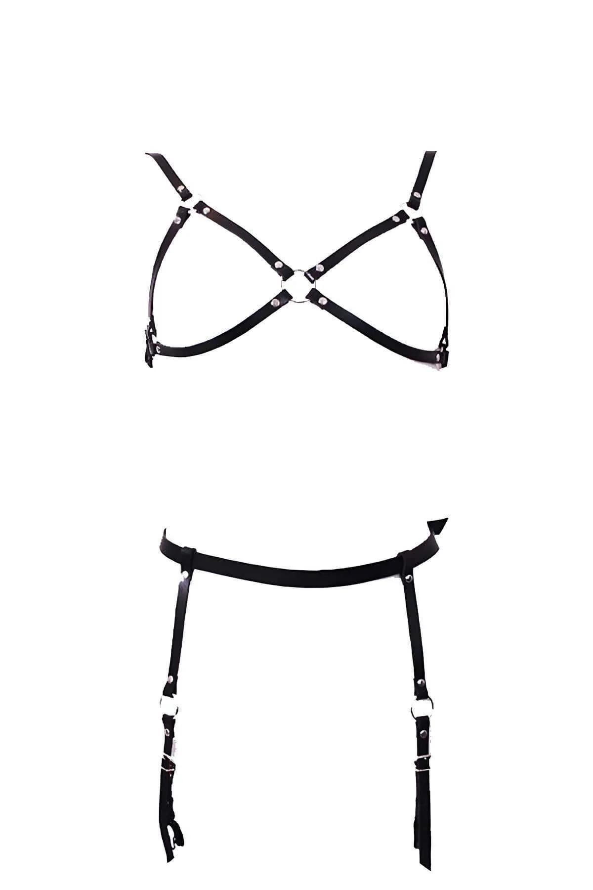 siyah vegan deri harness jartiyer takım, X bant üst harness ve gümüş tokali jartiyer kemeri