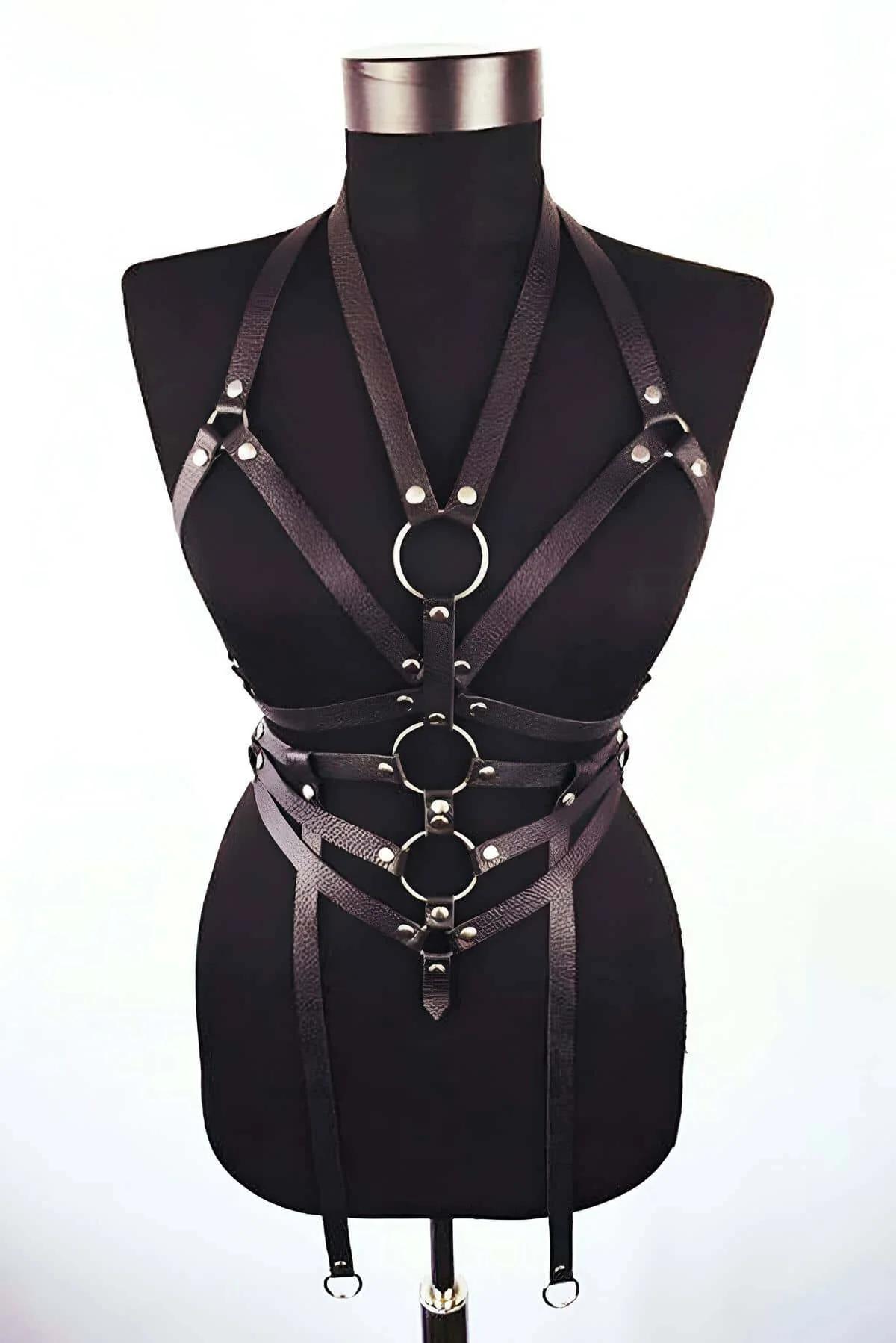 siyah suni deri tam vücut harness 3 gümüş O-halka perçin detay S/M-4XL/5XL beden