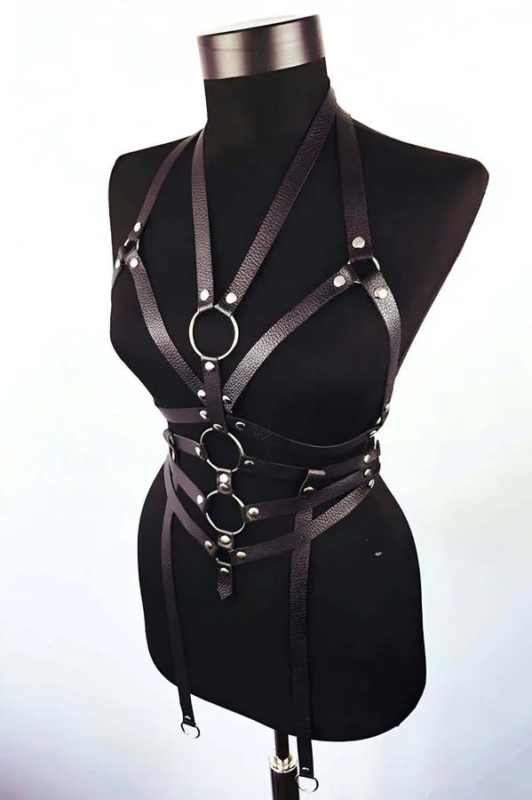 siyah suni deri tam vücut harness 3 gümüş O-halka perçin detay S/M-4XL/5XL beden