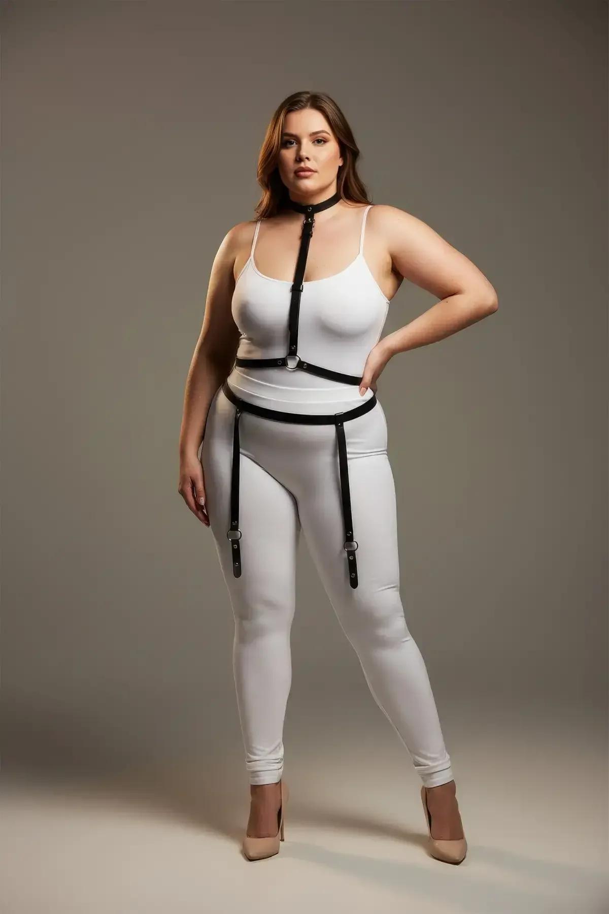 black faux leather full body harness with choker waist belt and detachable garter straps on plus size model