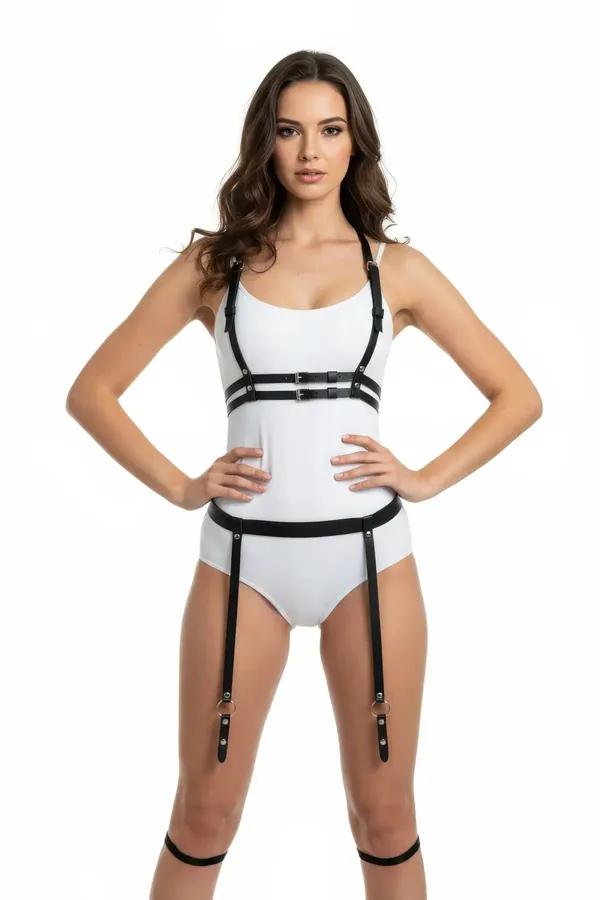 siyah suni deri harness takım gümüş tokalı göğüs bandı bel kemeri ve bacak askısı tam set