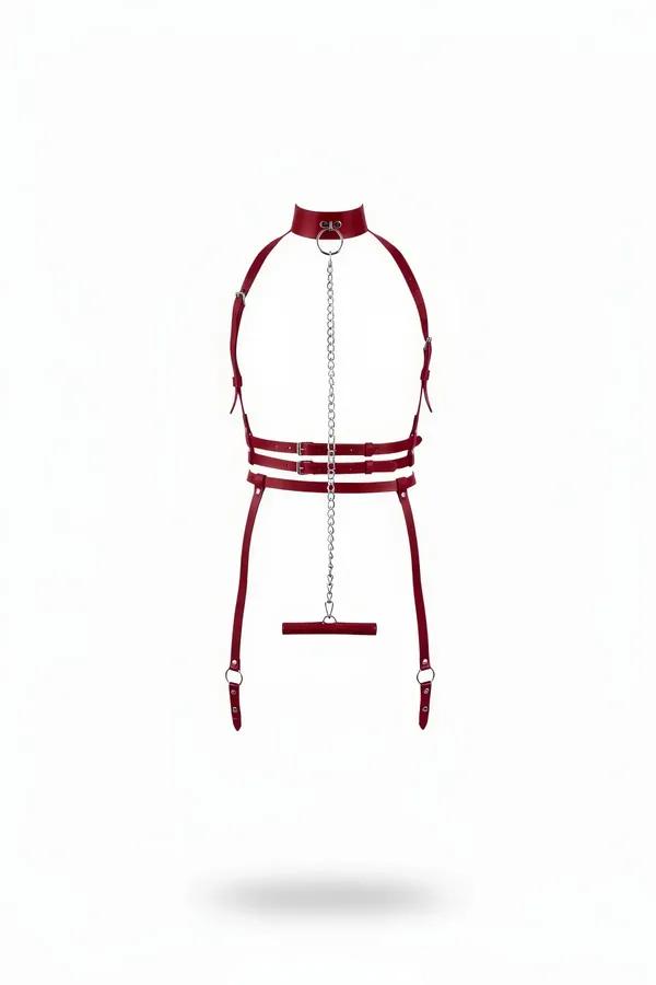 Bordo vegan deri harness takım gümüş zincir boyunluklu tam vücut aksesuarı çift bel bandı