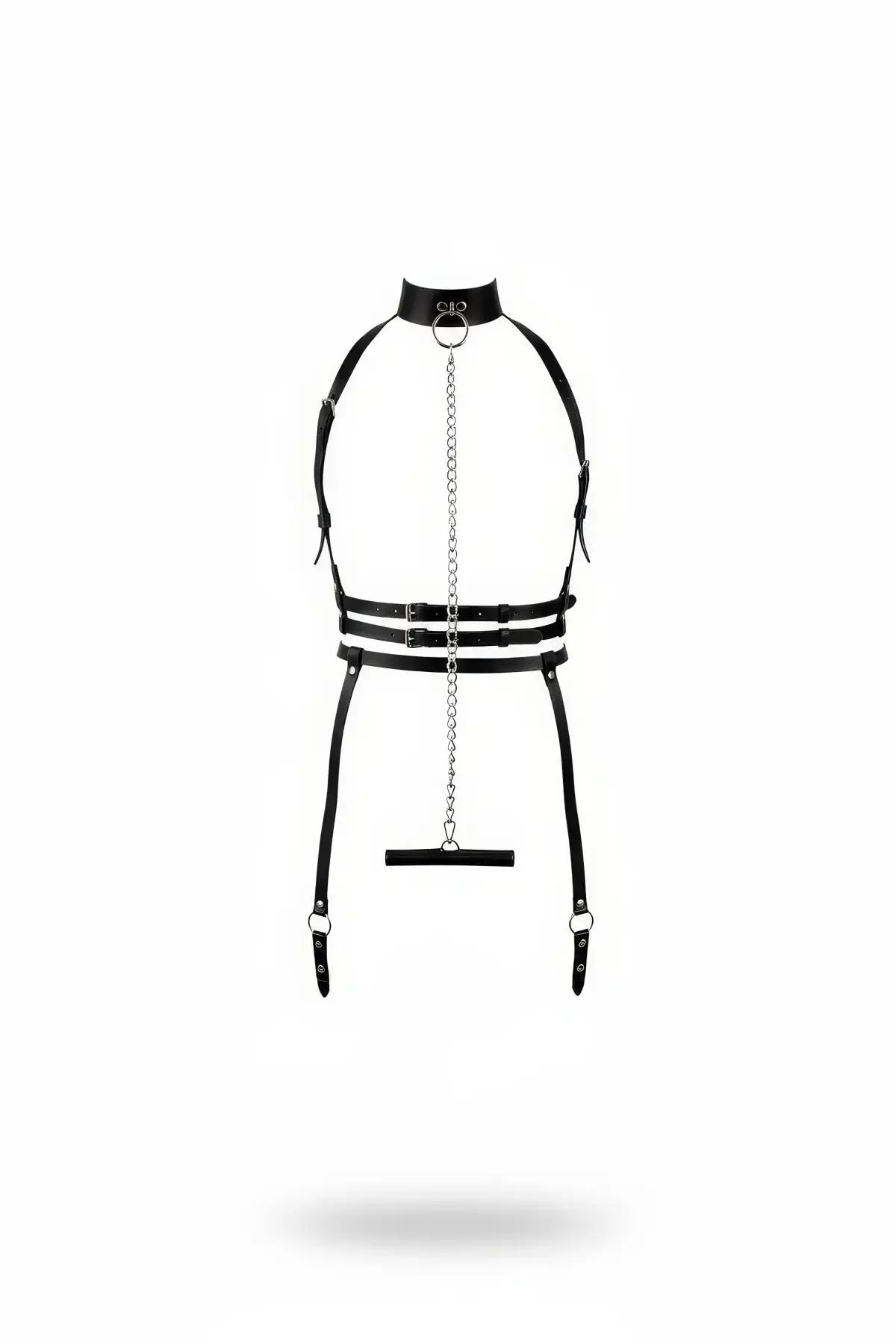siyah vegan deri harness takım boyunluklu gümüş zincir ve bacak askılı O-halka detaylı tam set