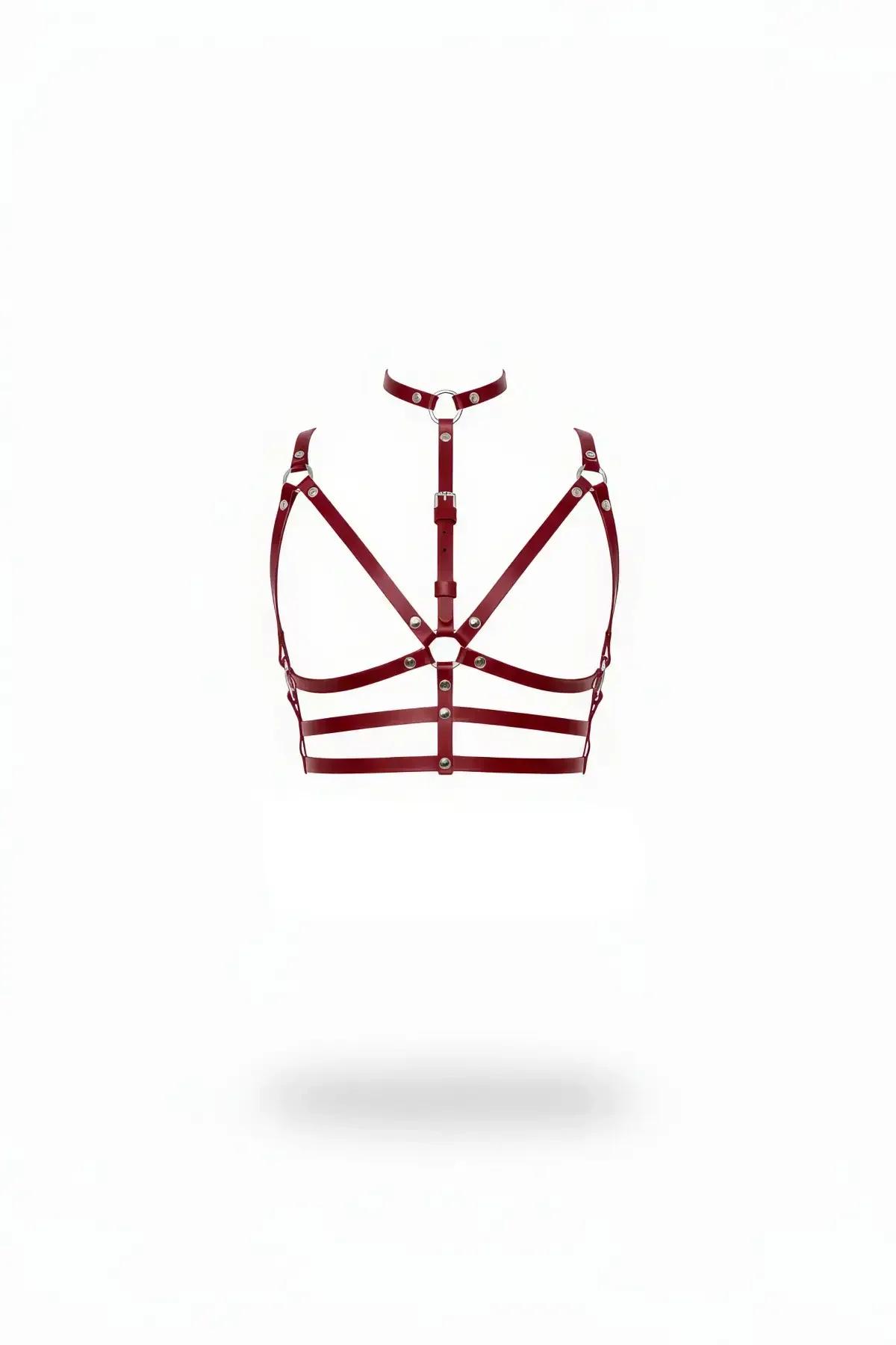 Bordo vegan deri göğüs harness çok bantlı geometrik tasarım gümüş O-ring ve perçin detayı