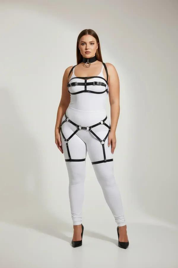 büyük beden siyah vegan deri jartiyer harness takım göğüs bel uyluk ve choker gümüş O-halka