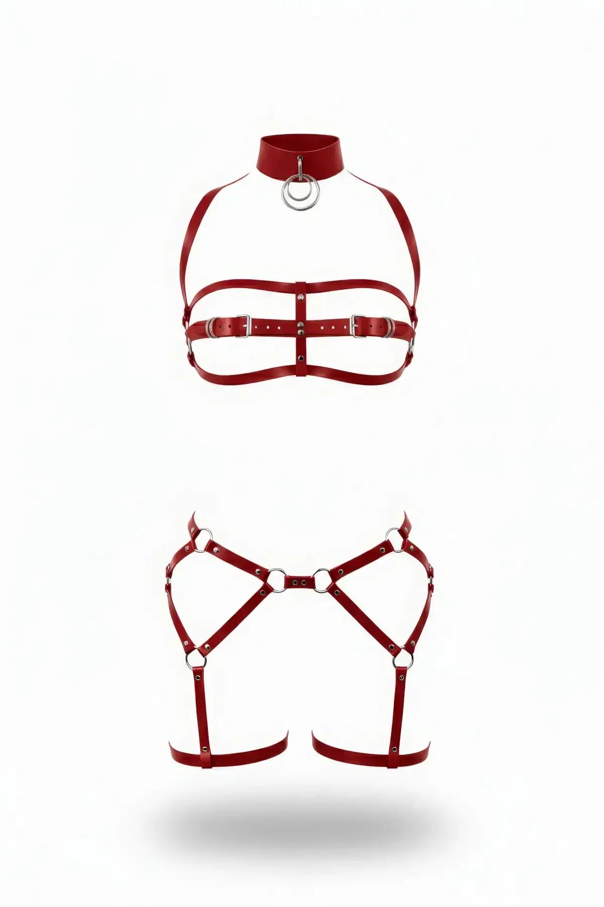 kırmızı vegan deri harness takım yüksek yakalı choker gümüş O-halka ve bacak harness seti