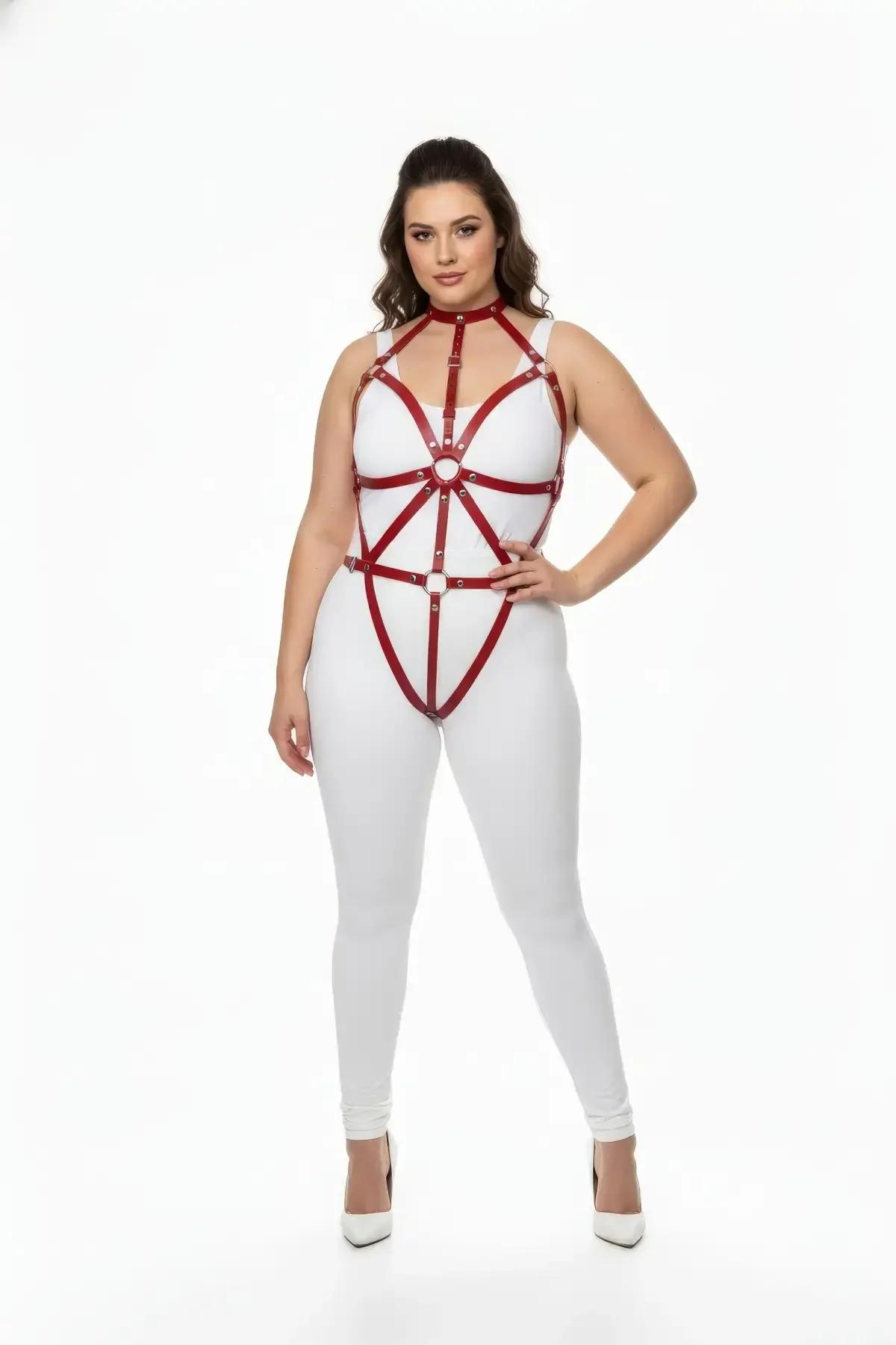 Red vegan leather full body harness with starburst O-ring chest detail and integrated choker collar on plus-size model