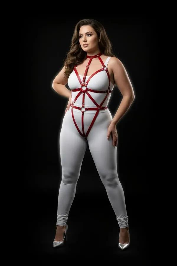 Kırmızı vegan deri büyük beden vücut harness, gümüş O-halka merkezli geometrik göğüs şeritleri ve choker yakalık