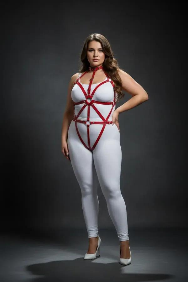 Kırmızı vegan deri büyük beden vücut harness, gümüş O-halka merkezli geometrik göğüs şeritleri ve choker yakalık