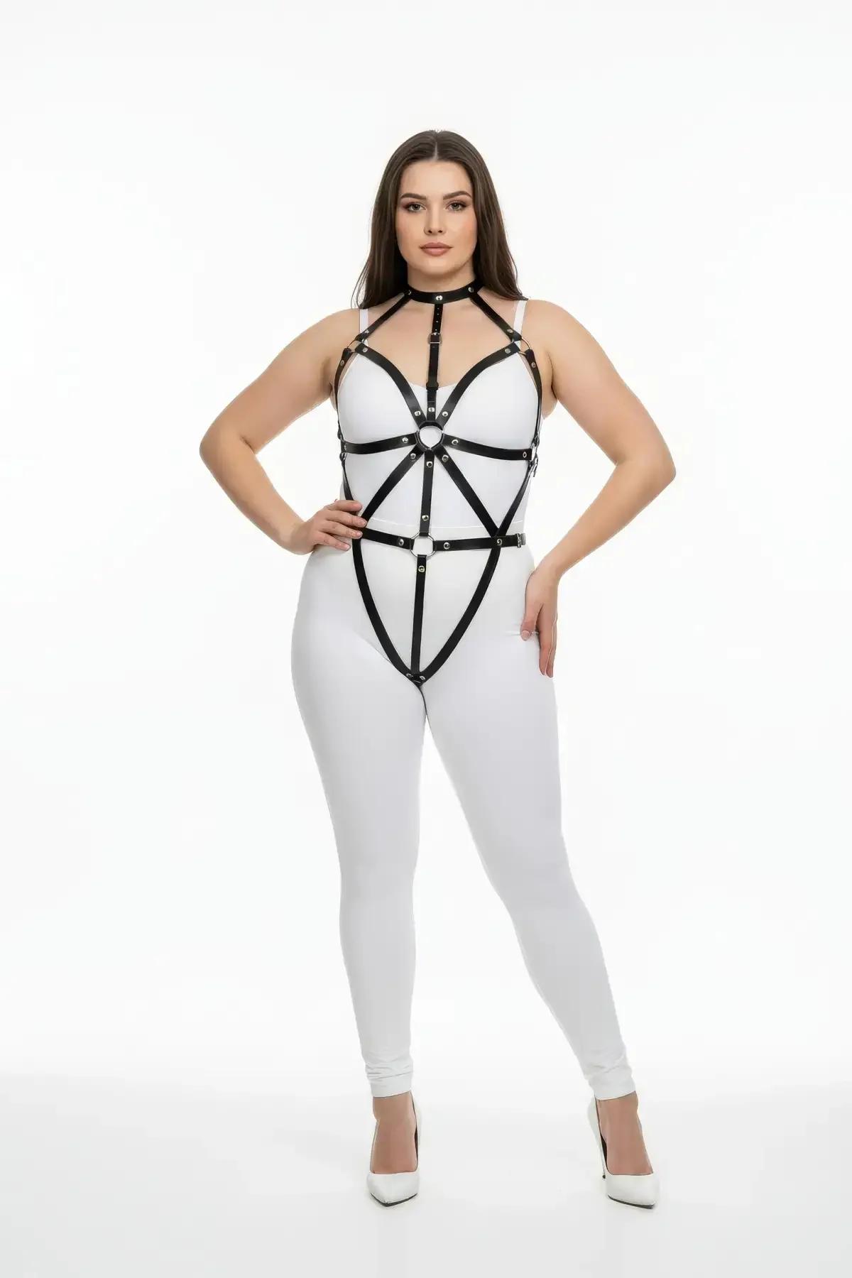 black faux leather full body harness with geometric strap web O-ring centrepiece and choker collar on plus size model