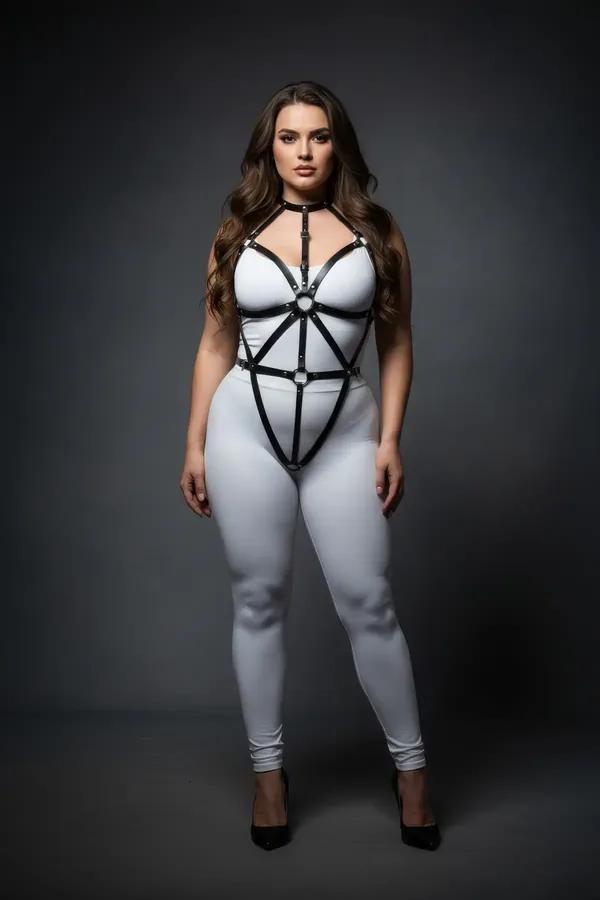 büyük beden siyah vegan deri harness takım geometrik kayış ve gümüş O-halka detaylı