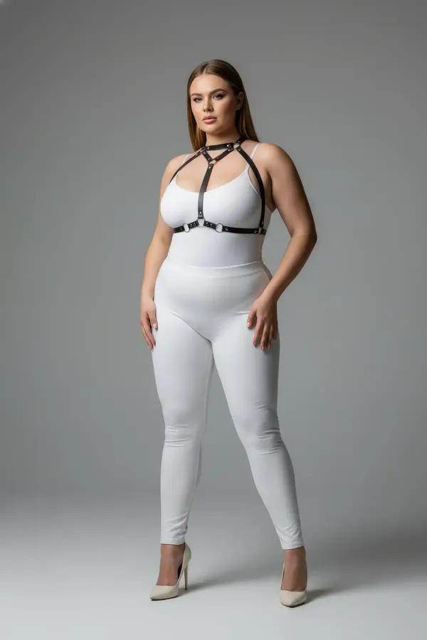 büyük beden siyah vegan deri göğüs harness gümüş O-halka choker detaylı kombin aksesuarı