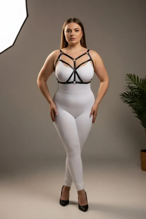 büyük beden siyah vegan deri harness çapraz bantlı büstiyer aksesuarı gümüş metal toka L-XL