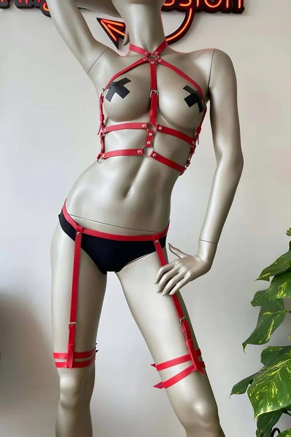 kırmızı vegan deri harness takım gümüş O-ring jartiyer bacak bandı mankende