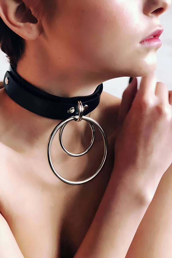 siyah suni deri choker çift gümüş halkalı fantezi tasma boyunda