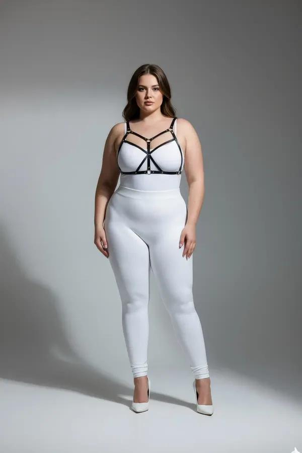 Strappy black faux leather body harness with gold O-ring hardware worn over white bodysuit, cage-style chest strap design