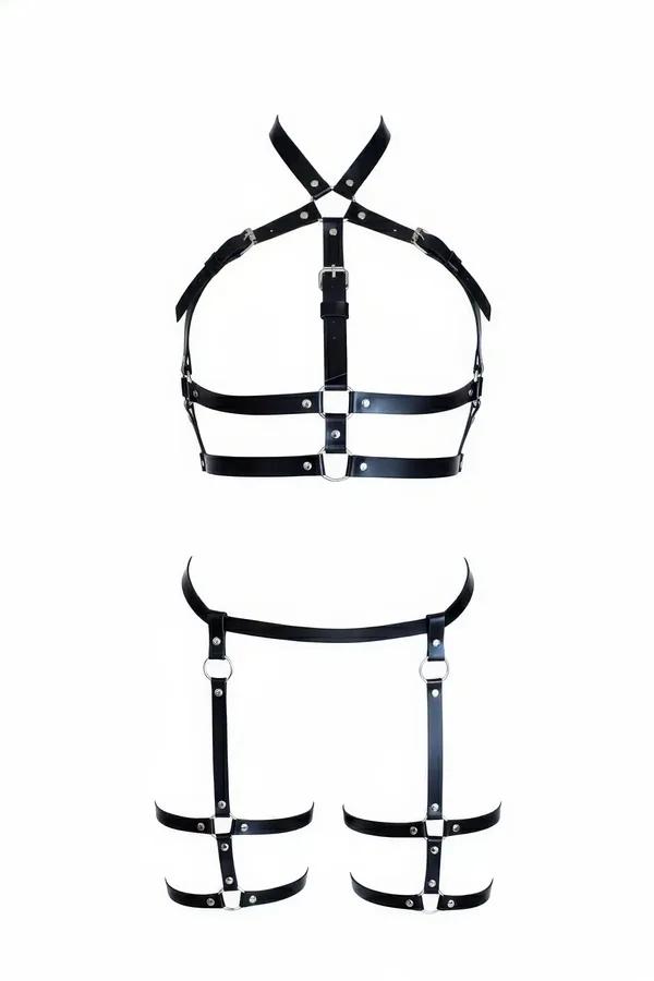 siyah vegan deri harness takım iki parça üst göğüs ve alt uyluk gümüş tokalı bantlı set