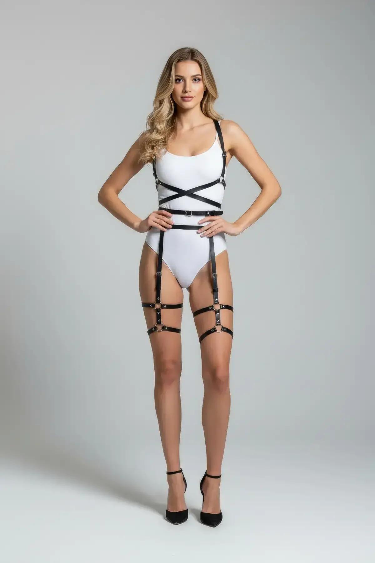siyah suni deri tam vücut harness takımı altın O-halkalı göğüs çapraz ve uyluk şerit seti