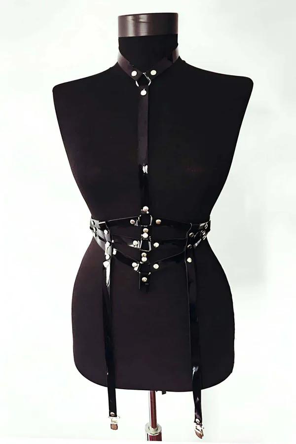 siyah suni deri body harness yaka ve gümüş perçinli çapraz bel bandı 4 jartiyer askısı